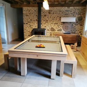 Ensemble billard dauphin, plateau verre et bancs en chêne massif naturel