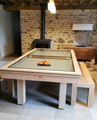 Dauphin PC chene banc plat verre2 Ensemble billard dauphin, plateau verre et bancs en chêne massif naturel