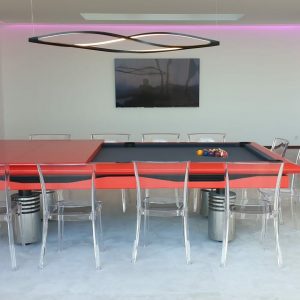 Billard design finition rouge et drap gris transformable en table